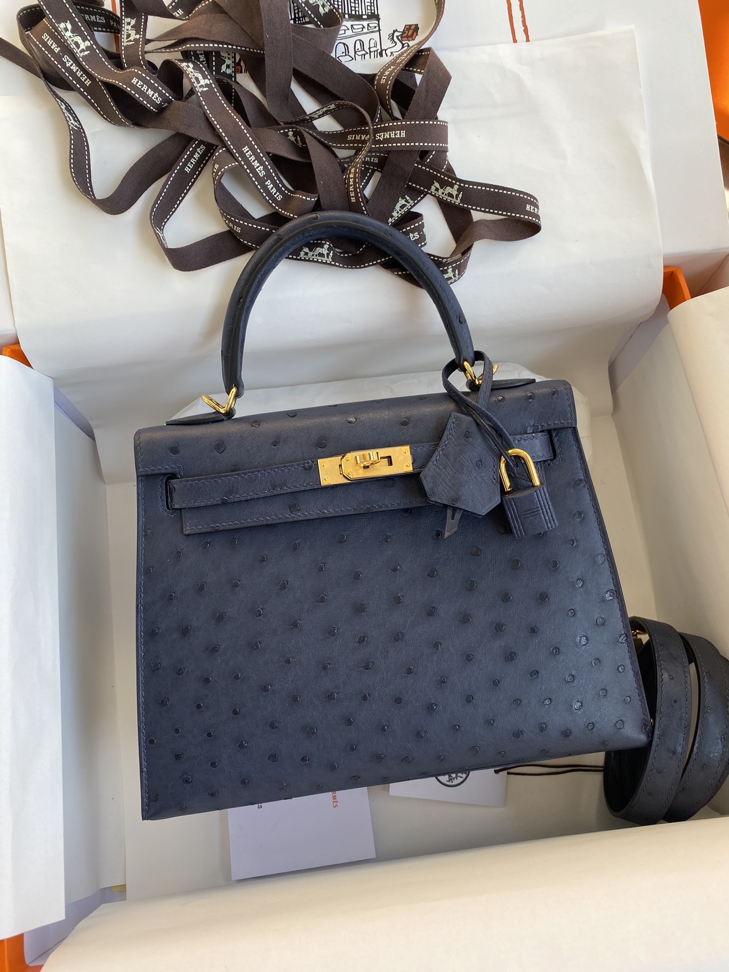 Hermes Kelly 25cm Handbag Shoulder Bag in Blue Nuit Ostrich Leather